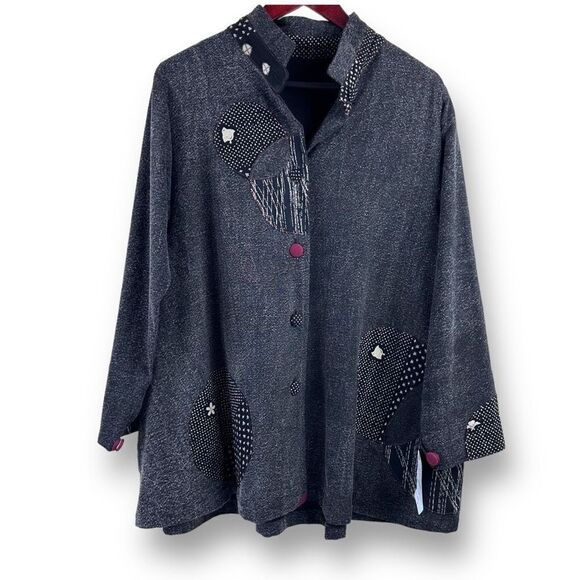 Ki Na Ri Womens Wearable Art Shirt Jacket Button Up Patch Distressed Long Sleeve